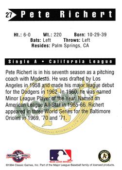 1994 Classic Best Modesto A's #27 Pete Richert Back