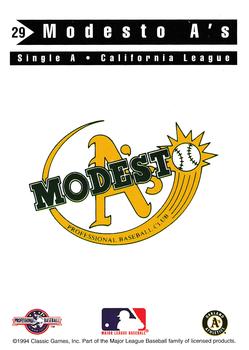 1994 Classic Best Modesto A's #29 Logo Card Back