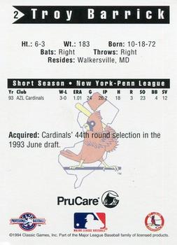 1994 Classic Best New Jersey Cardinals #2 Troy Barrick Back