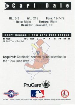 1994 Classic Best New Jersey Cardinals #6 Carl Dale Back