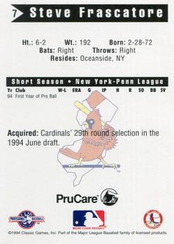1994 Classic Best New Jersey Cardinals #7 Steve Frascatore Back
