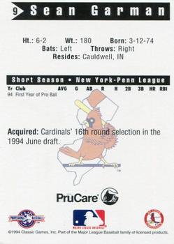 1994 Classic Best New Jersey Cardinals #9 Sean Garman Back
