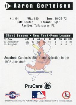 1994 Classic Best New Jersey Cardinals #11 Aaron Gerteisen Back