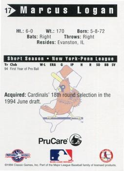 1994 Classic Best New Jersey Cardinals #17 Marcus Logan Back