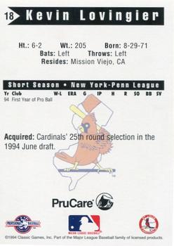 1994 Classic Best New Jersey Cardinals #18 Kevin Lovingier Back