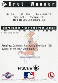 1994 Classic Best New Jersey Cardinals #27 Bret Wagner Back
