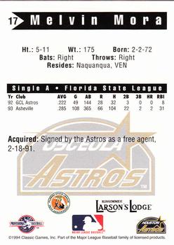 1994 Classic Best Osceola Astros #17 Melvin Mora Back