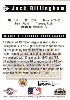1994 Classic Best Osceola Astros #27 Jack Billingham Back