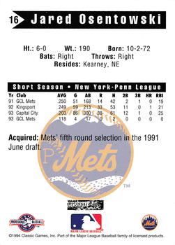 1994 Classic Best Pittsfield Mets #16 Jared Osentowski Back