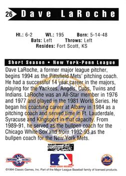 1994 Classic Best Pittsfield Mets #26 Dave LaRoche Back
