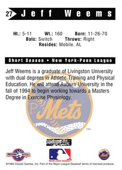 1994 Classic Best Pittsfield Mets #27 Jeff Weems Back