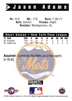 1994 Classic Best Pittsfield Mets #2 Jason Adams Back