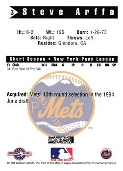 1994 Classic Best Pittsfield Mets #3 Steve Arffa Back