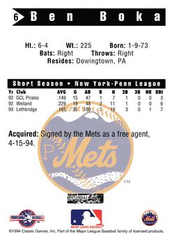 1994 Classic Best Pittsfield Mets #6 Ben Boka Back