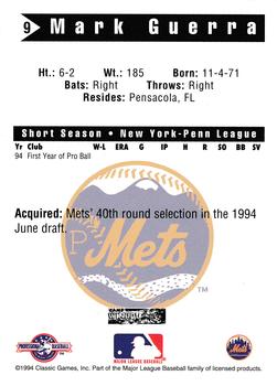 1994 Classic Best Pittsfield Mets #9 Mark Guerra Back