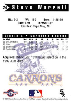 1994 Classic Best Prince William Cannons #24 Steve Worrell Back