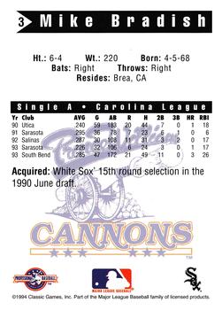 1994 Classic Best Prince William Cannons #3 Mike Bradish Back