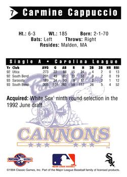 1994 Classic Best Prince William Cannons #7 Carmine Cappuccio Back