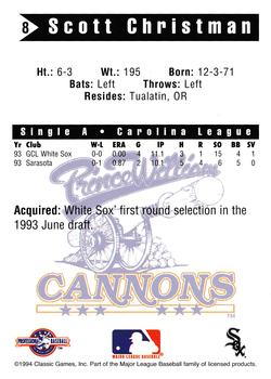 1994 Classic Best Prince William Cannons #8 Scott Christman Back