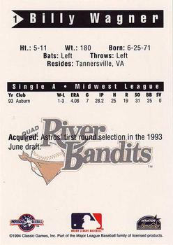 1994 Classic Best Quad City River Bandits #1 Billy Wagner Back
