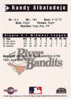 1994 Classic Best Quad City River Bandits #2 Randy Albaladejo Back