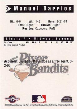 1994 Classic Best Quad City River Bandits #3 Manuel Barrios Back