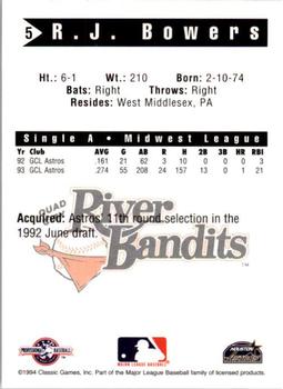 1994 Classic Best Quad City River Bandits #5 R.J. Bowers Back