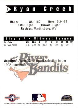 1994 Classic Best Quad City River Bandits #7 Ryan Creek Back