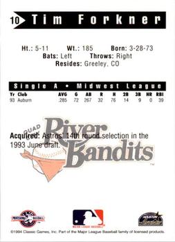 1994 Classic Best Quad City River Bandits #10 Tim Forkner Back