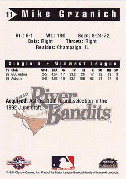 1994 Classic Best Quad City River Bandits #11 Mike Grzanich Back