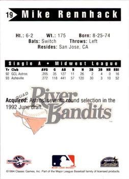 1994 Classic Best Quad City River Bandits #19 Mike Rennhack Back
