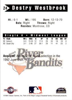 1994 Classic Best Quad City River Bandits #24 Destry Westbrook Back