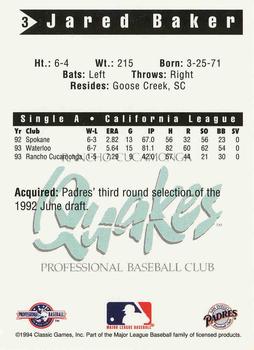1994 Classic Best Rancho Cucamonga Quakes #3 Jared Baker Back