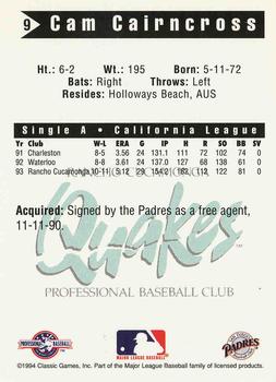 1994 Classic Best Rancho Cucamonga Quakes #9 Cam Cairncross Back