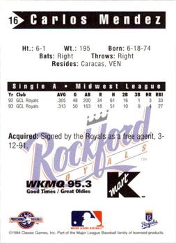 1994 Classic Best Rockford Royals #16 Carlos Mendez Back