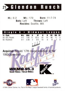 1994 Classic Best Rockford Royals #21 Glendon Rusch Back