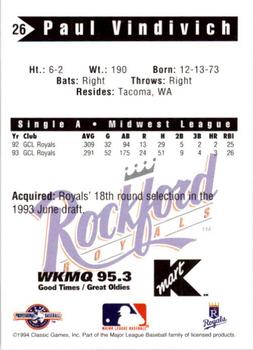 1994 Classic Best Rockford Royals #26 Paul Vindivich Back