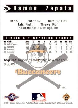 1994 Classic Best Salem Buccaneers #25 Ramon Zapata Back