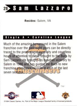 1994 Classic Best Salem Buccaneers #28 Sam Lazzaro Back