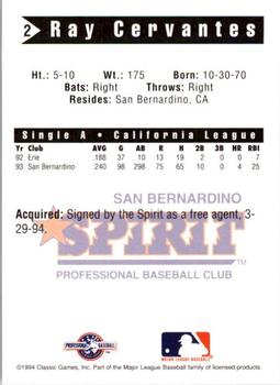 1994 Classic Best San Bernardino Spirit #2 Ray Cervantes Back
