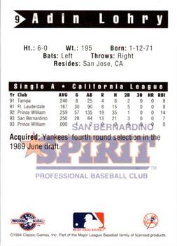 1994 Classic Best San Bernardino Spirit #9 Adin Lohry Back