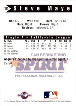 1994 Classic Best San Bernardino Spirit #10 Steve Maye Back