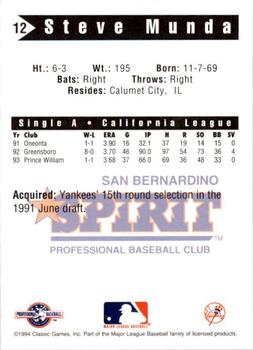 1994 Classic Best San Bernardino Spirit #12 Steve Munda Back
