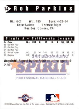 1994 Classic Best San Bernardino Spirit #14 Rob Parkins Back