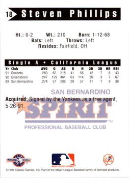 1994 Classic Best San Bernardino Spirit #18 Steven Phillips Back
