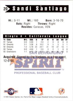 1994 Classic Best San Bernardino Spirit #20 Sandi Santiago Back