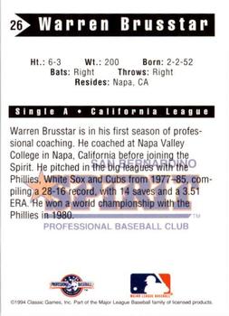 1994 Classic Best San Bernardino Spirit #26 Warren Brusstar Back