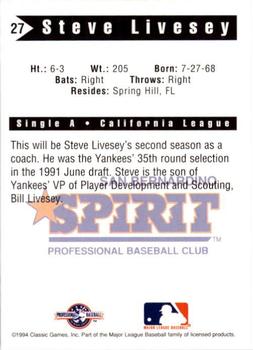1994 Classic Best San Bernardino Spirit #27 Steve Livesey Back