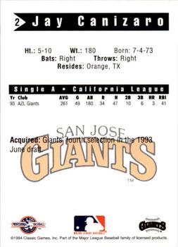 1994 Classic Best San Jose Giants #2 Jay Canizaro Back