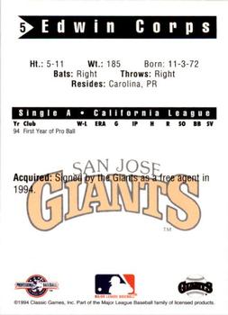 1994 Classic Best San Jose Giants #5 Edwin Corps Back